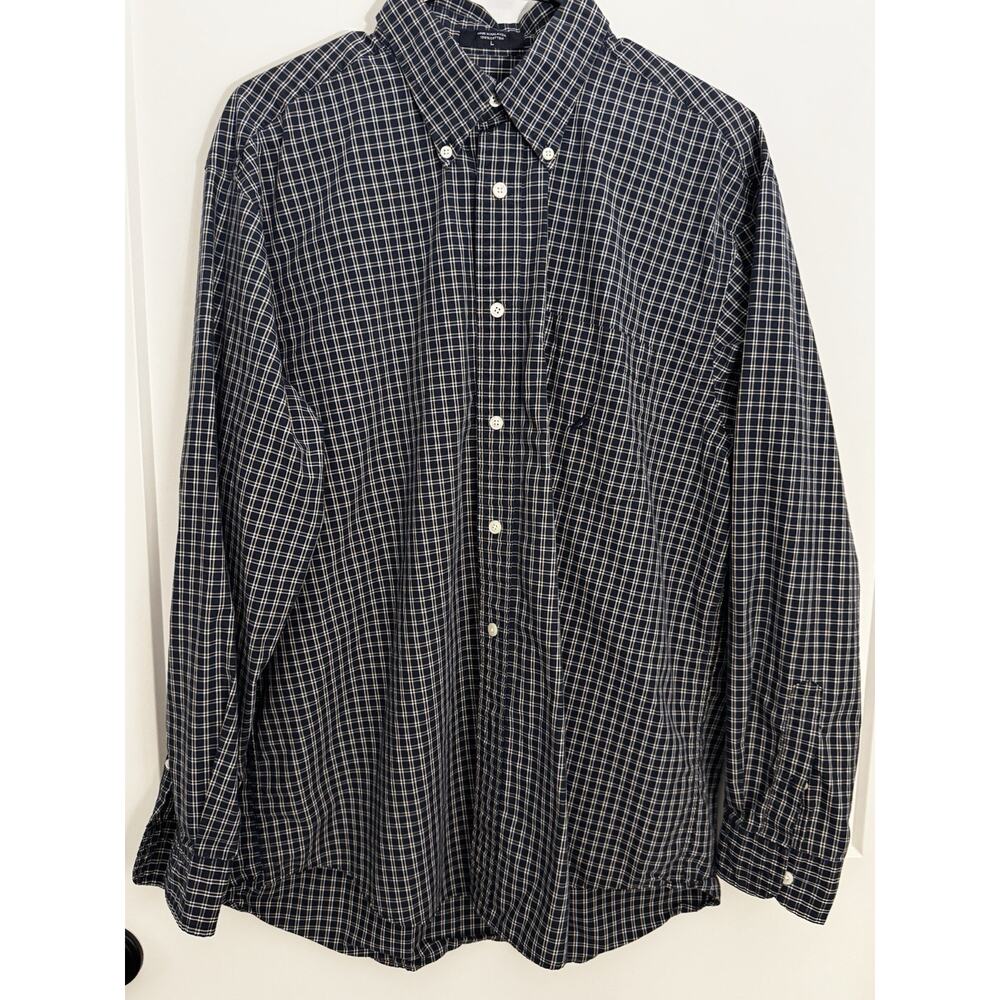 NAUTICA Navy Blue White Plaid Long-Sleeve Button-Down Shirt Mens L Classic Prep